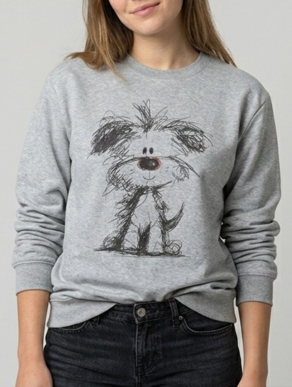 Grey Heather Graphic Dog Sketch Crewneck Sweatshirt 2XL Oversized Cozy Pullover